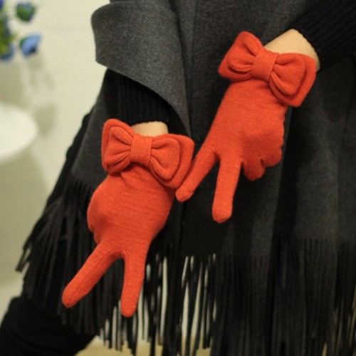 甜美大蝴蝶结羊毛呢气质纯色手套