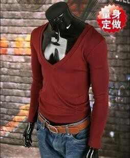 男士纯棉枣红色紧身大V领长袖T恤百搭鸡心领打底衫男纯色低胸体恤