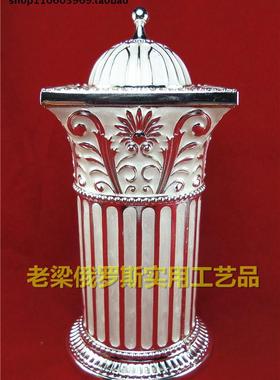 Z2新款俄罗斯银锡合金属牙签筒罐城堡顶罗马柱形银边白色竖纹厚重