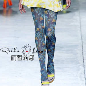 欧式风格 复古花鸟印花连裤袜 个性色彩打底袜 艺术袜