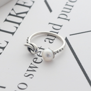 S925打结原创设计纯银戒指镶嵌珍珠装饰日韩风个性结头指环