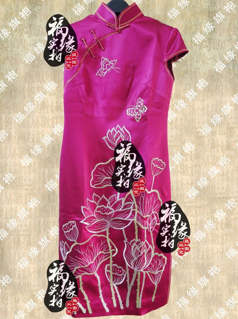 酒红重磅真丝藕花绣花旗袍裙时尚改良定做唐装礼服定制