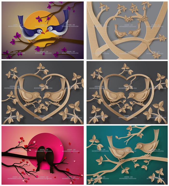 A0827矢量立体瓦楞纸3D风格成双成对的小鸟插画背脊 AI设计素材