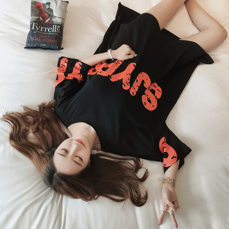 韩版字母做旧印花胖mm体恤上衣宽松大码中长款黑色短袖T恤裙女夏在类目 女装/女士精品, T恤中 - 来自Buy2taobao.com提供专业的淘宝代购服务