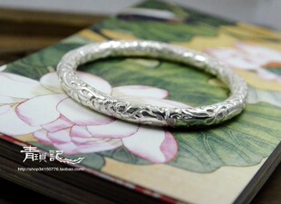 青琐记 纯手工999银素银手工圆面立体精工錾刻满雕牡丹花手镯缭乱