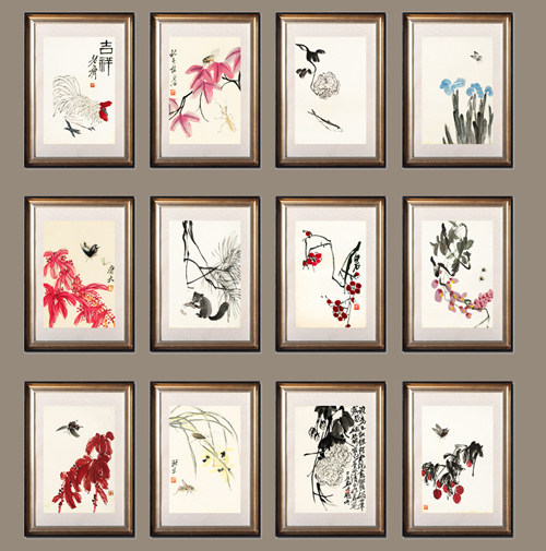 翡冷翠博物馆原作版画 国画齐白石吉祥仙作5套 锦绫装裱实木框
