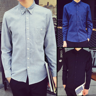 原创夏季男士牛津纺长袖衬衣全棉纯色春薄余文乐同款衬衫修身韩版