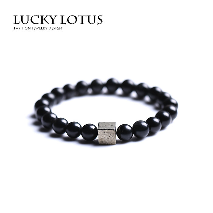 LUCKYLOTUS经典搭配黑曜石与黄铁矿方块半宝石手链男女适用情侣款