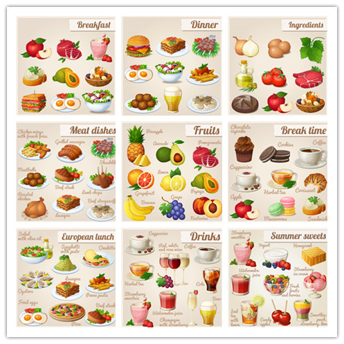 矢量设计素材 早餐食物水果蛋糕甜品马卡龙咖啡沙拉 EPS格式 9P