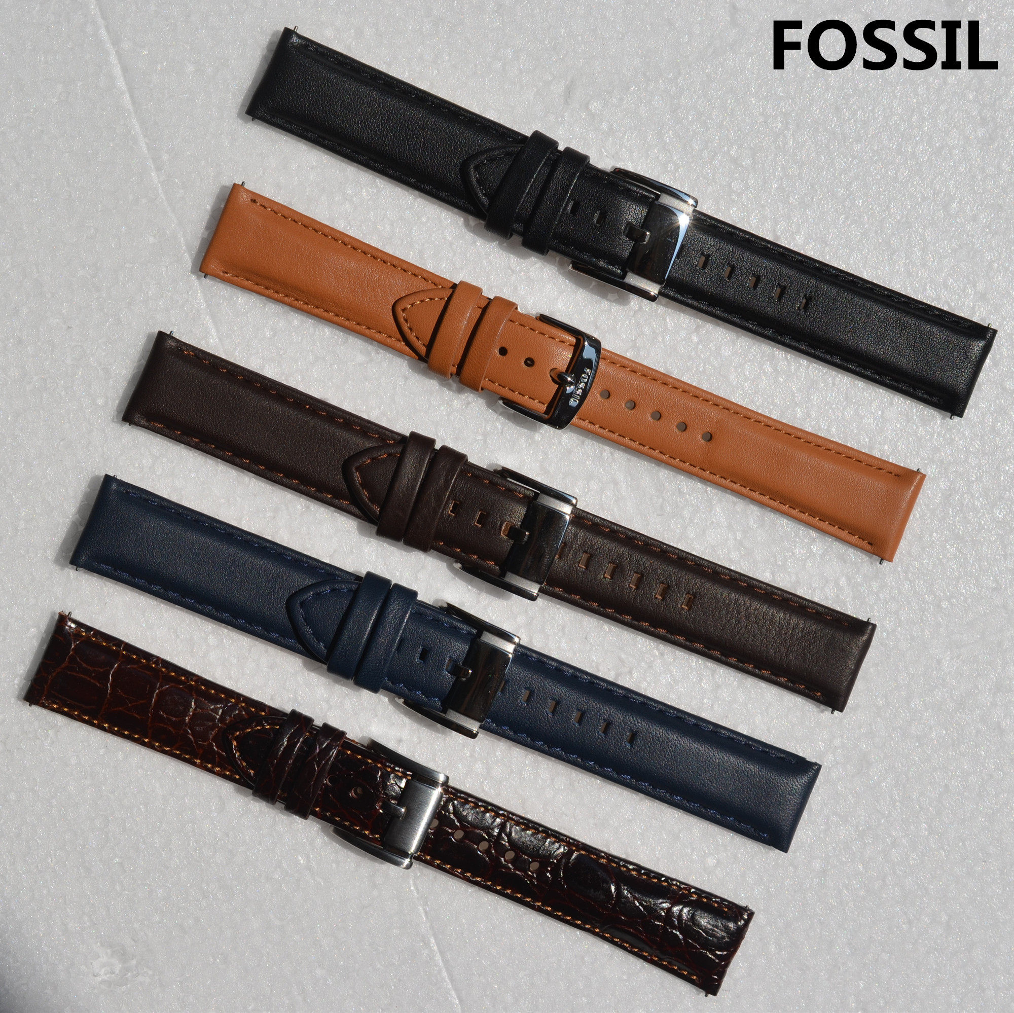 男装化石Fossil真皮手表带粽蓝黑咖啡色宽20mm粉红蛇皮纹女士表链