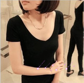 新款 女t恤短袖 胖MM性感V领大码 深低领修身