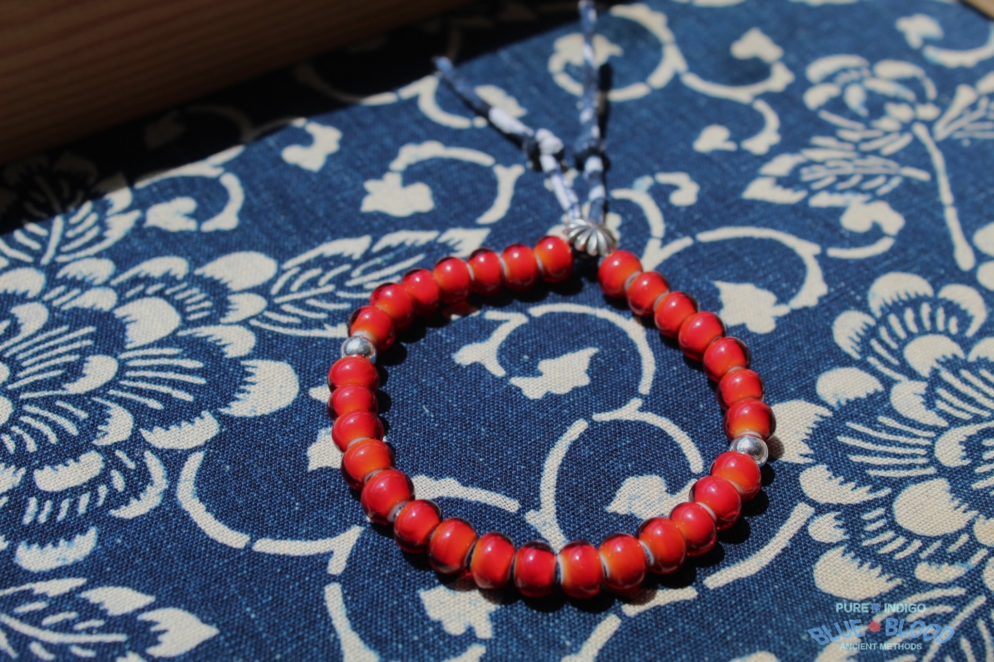 blue blood古董白芯琉璃珠手链  手缝古布绳手串