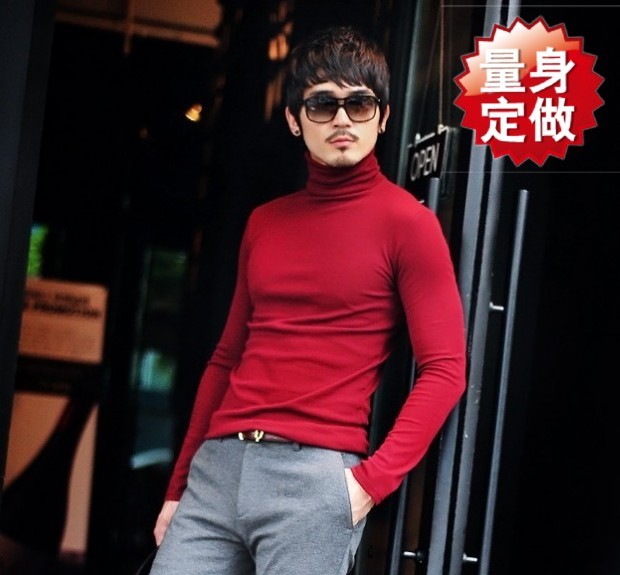 红色双层高领常规保暖长袖T恤