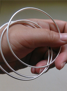 手工原创999纯银手镯女款细手圈圆条手镯生日礼物光面银镯子手环