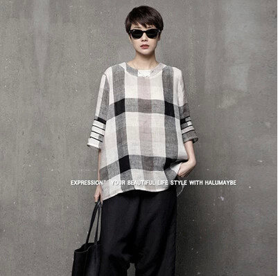 2024夏季新款韩版文艺亚麻格子宽松显瘦韩国女装衬衫夏天衬衣韩范