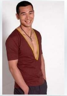 男士修身超大低V领短袖t恤衫性感大深v领半袖单衣男拼领边短袖T恤