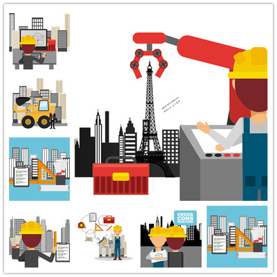 A1294矢量扁平化建筑工地图案人物工人工厂房屋施工图 AI设计素材