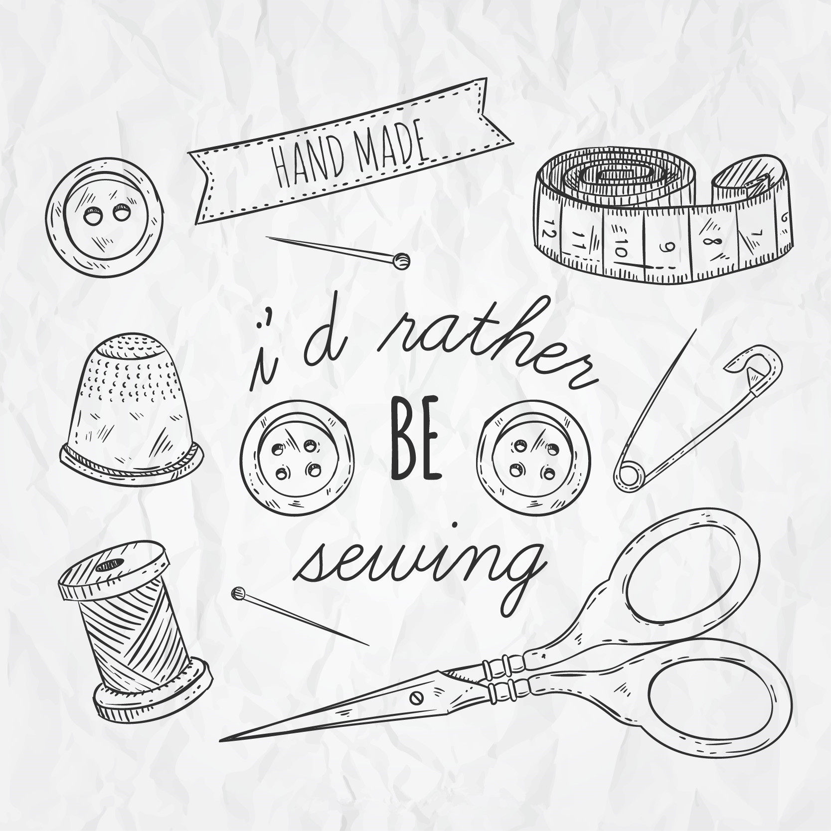 矢量高清复古手绘针线纽扣尺子别针 EPS可转PNG设计素材 自动发货