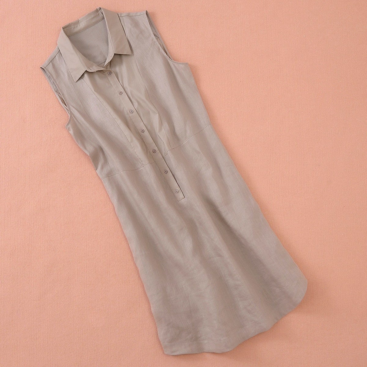 欧美精工衬衫领亚麻口袋中长款棉麻背心a字连衣裙 外贸原单女装夏