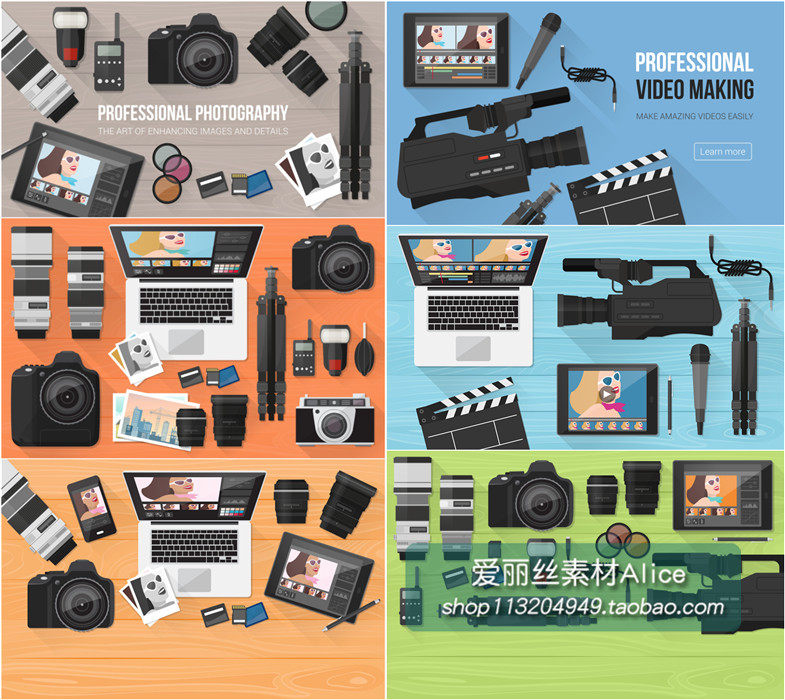 [359]扁平化专业摄影师器材电影照相机banner AI矢量设计素材