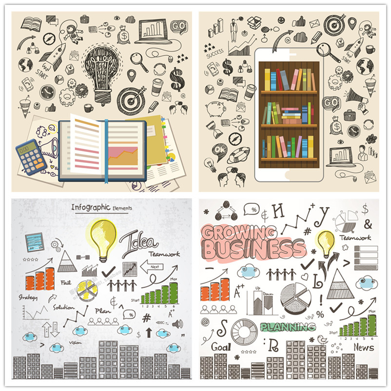 A0926矢量扁平化信息图像图标商务饼状物铅笔手绘风格 AI设计素材