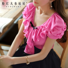 Shirts girls pink doll summer clothing rose inlay bowknot falbala slim bubble short sleeve shirt