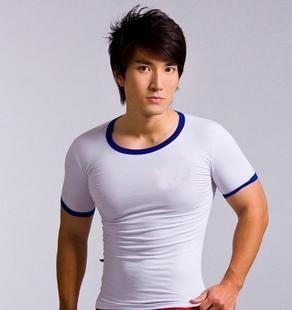 男士白色蓝边小圆领短袖T恤紧身拼领半袖体恤男款运动健身短袖t恤