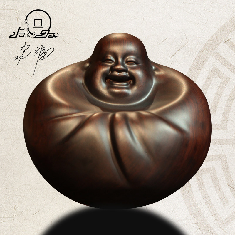 泉福黑檀摇钱佛古董木艺弥勒佛摆件招财笑佛工艺饰品红木雕手把件