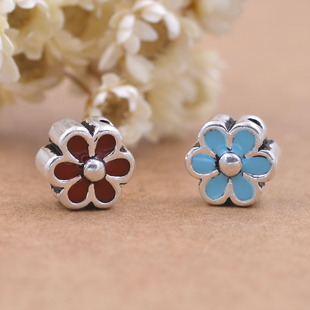 S925纯银泰银珐琅景泰蓝小花隔珠扁珠 diy佛珠水晶手链手串配件