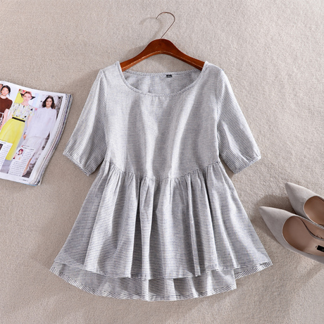 2017夏季條紋亞麻襯衫女高腰大碼短袖寬松棉麻格子娃娃衫女裝上衣在類目 女裝/女士精品, 襯衫中 - 來自Buy2taobao.com提供專業的淘寶代購服務