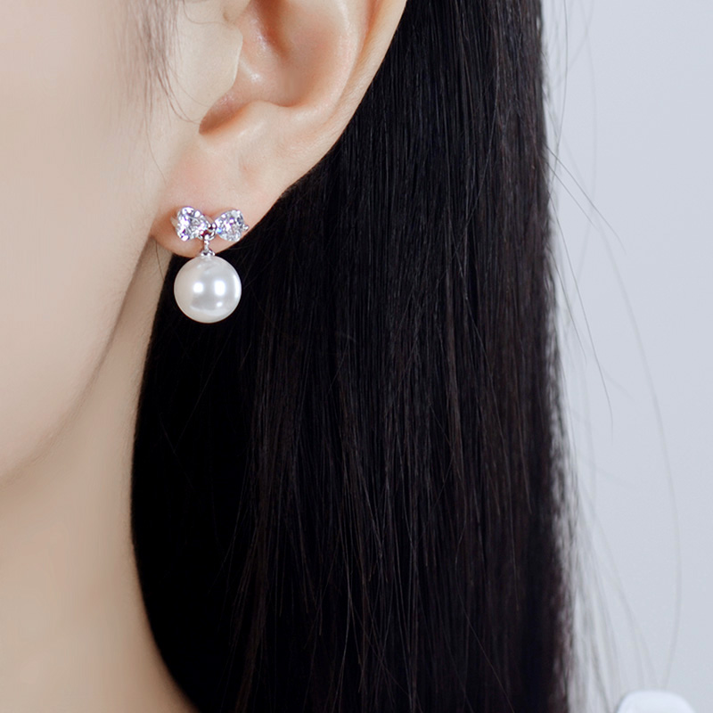 蝴蝶结正圆贝珍珠925银耳环坠短款日韩版无耳洞女纯银耳钉耳饰