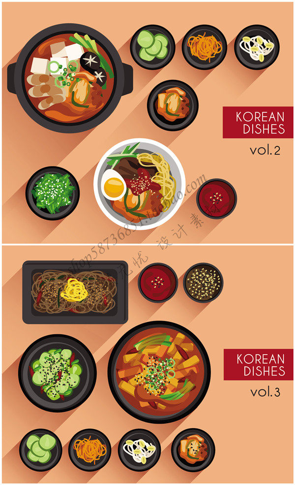 A1226矢量扁平化食物图标韩国菜拉面泡菜俯拍摆盘图 AI设计素材