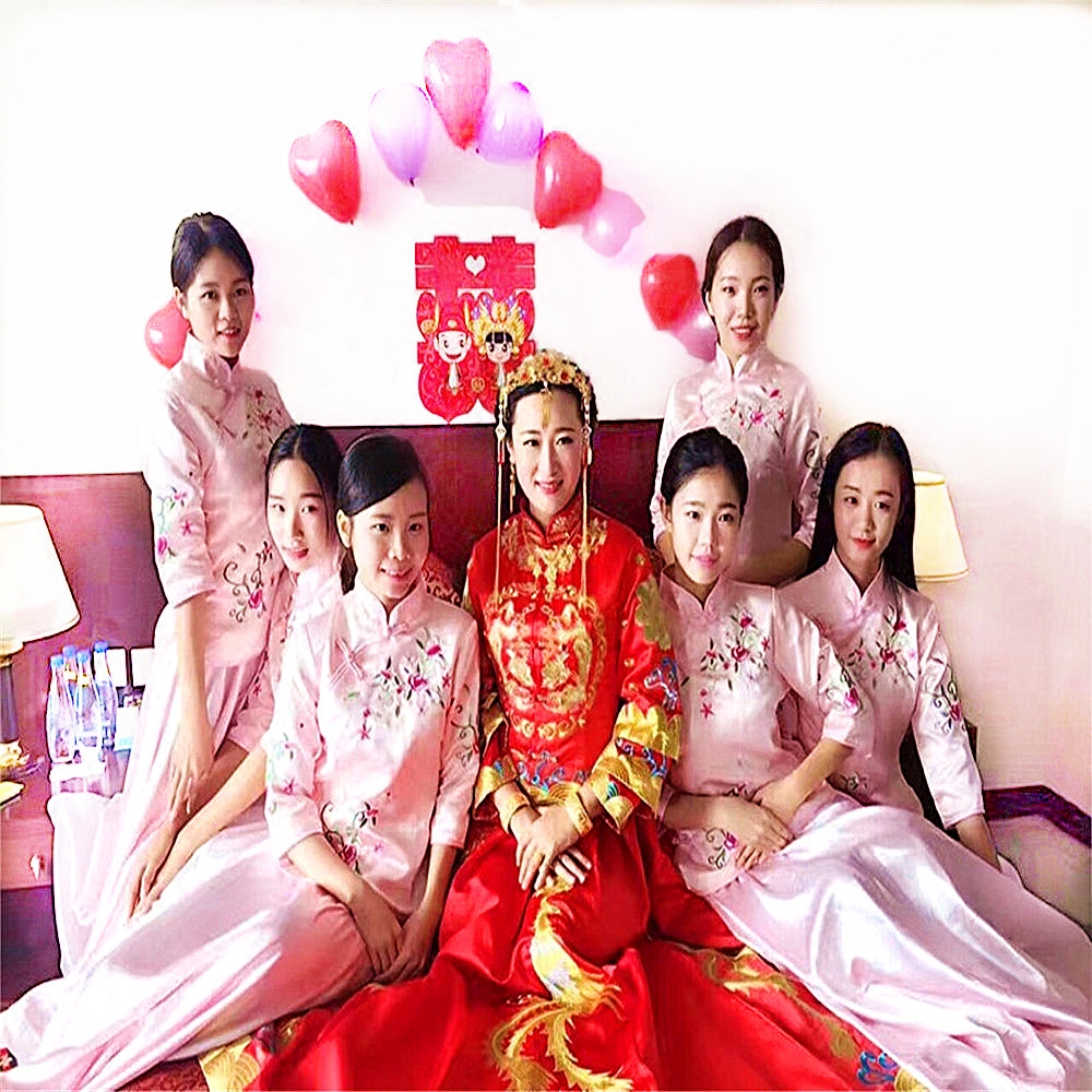 中式结婚礼服伴娘伴郎服姐妹团礼服长裙秋冬古装古筝陪嫁衣演出服