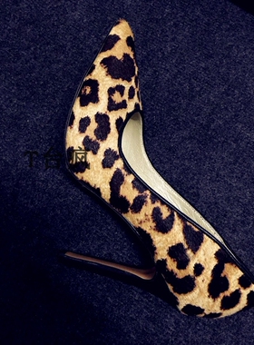2021新款女单鞋豹纹/黑色尖头高跟细跟马毛真皮走秀鞋拼色百搭