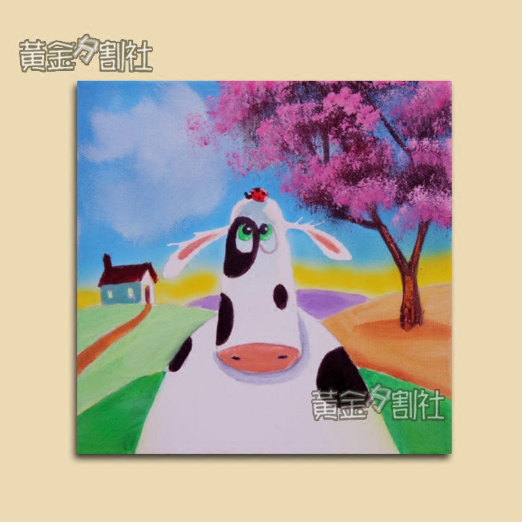 纯手绘油画趣味动物客厅挂画走廊壁墙画现代简约样房客厅餐厅奶牛
