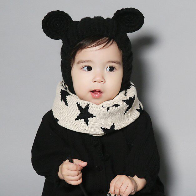 韩国进口婴儿童帽子男女宝宝毛线帽米奇型秋冬防风保暖护耳套头帽