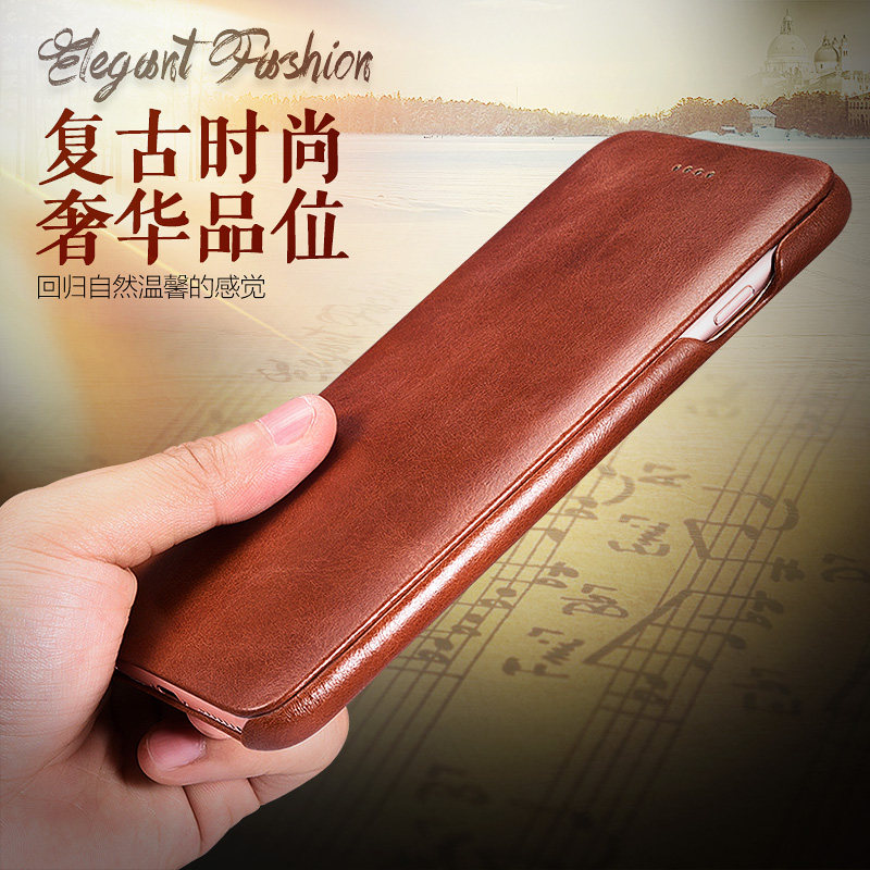 iCarer Curved Edge Vintage Series Side Open Handmade Genuine Cowhide Leather Case Cover for Apple iPhone 6S Plus/6 Plus