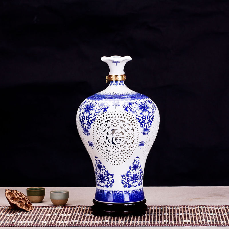 陶瓷酒瓶2斤3斤5斤装镂空瓶景德镇青花瓷密封酒缸酒罐陶瓷酒瓶