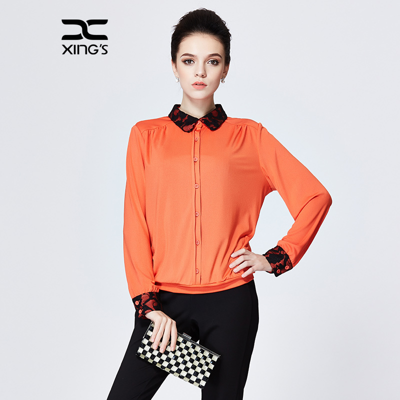 邢氏女装 秋款带领纯色衬衫领上衣淑女气质T恤弹力大码长袖打底衫