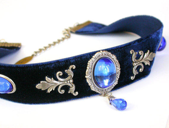 代购Glass㊣ 手作华丽蓝丝绒维多利亚蓝宝石水晶迷人哥特项圈项链