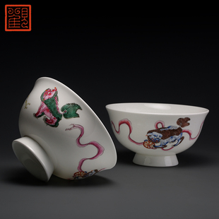 景德鎮(zhèn)中式 觀(guān)復(fù)博物館事事如意三獅碗2只禮盒裝 4寸面碗湯碗對(duì)碗