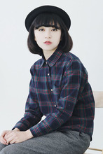 学生女上衣 磨毛格子衬衫 文艺范BF学院风春秋打底衫 全棉外穿长袖