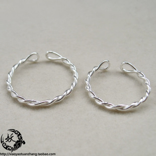 925纯银戒指 细麻花纹开口可调节 小指尾戒脚趾戒 简约手工银女款
