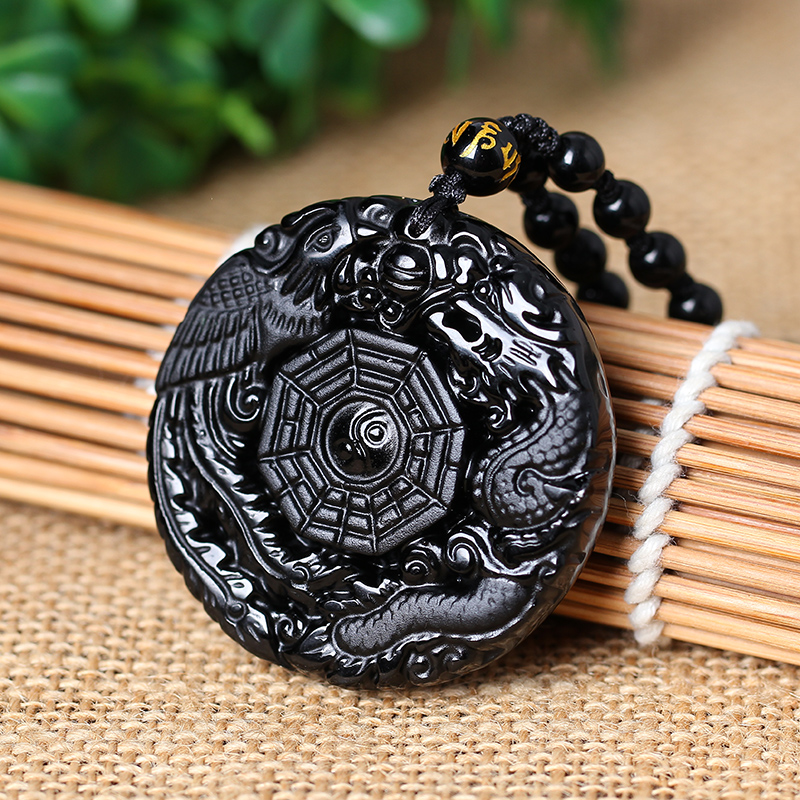 黑曜石龙凤福缘平安扣吊坠项链2026年事业财运饰品男女礼物