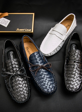 豆豆鞋男春季真皮青春潮流英伦套脚鞋懒人鞋百搭编织皮鞋时尚男鞋