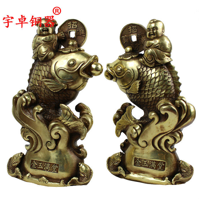 宇卓铜器  纯铜金童玉女童男童女铜鱼工艺品摆件童子童女抱铜钱