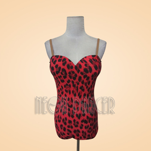 NEON DANCER 拉丁表演练习上衣 豹纹大露背连体上衣