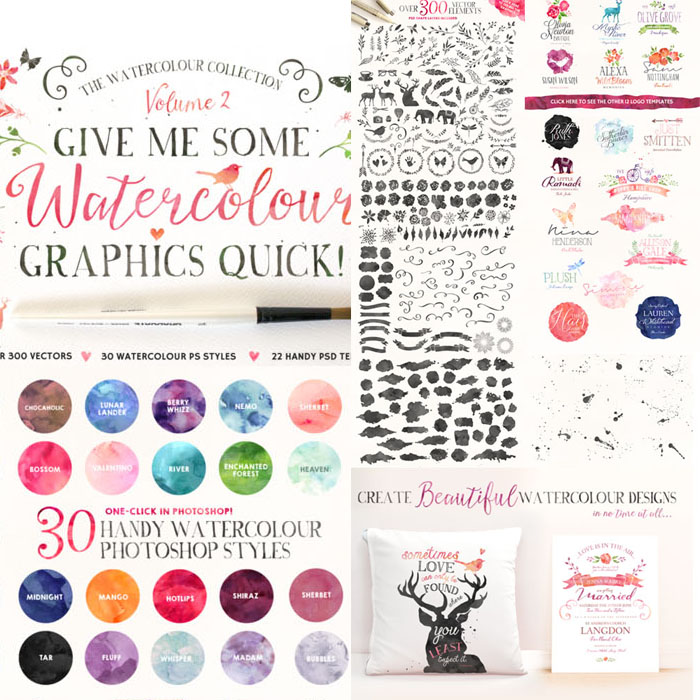 A2346矢量唯美水彩花朵PS样式插件 AI设计素材+PSD+ASL