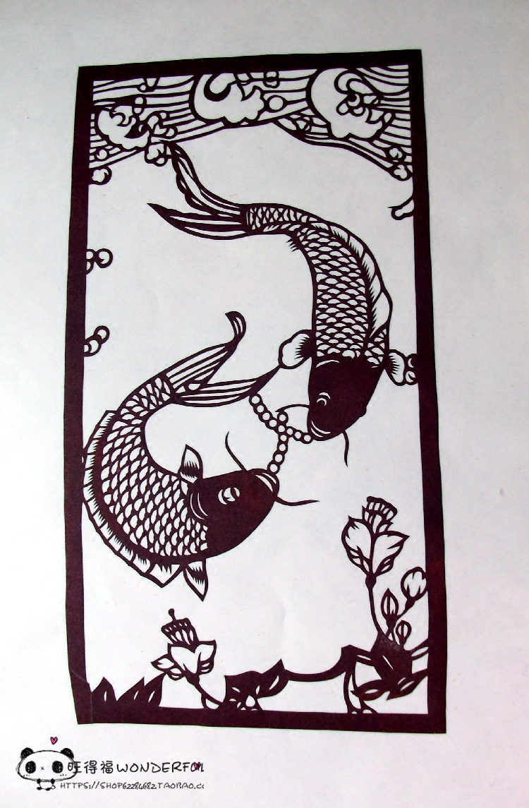 鱼戏莲叶间4 蔚县剪纸 手工刻 宣纸染色 出国礼品 窗花