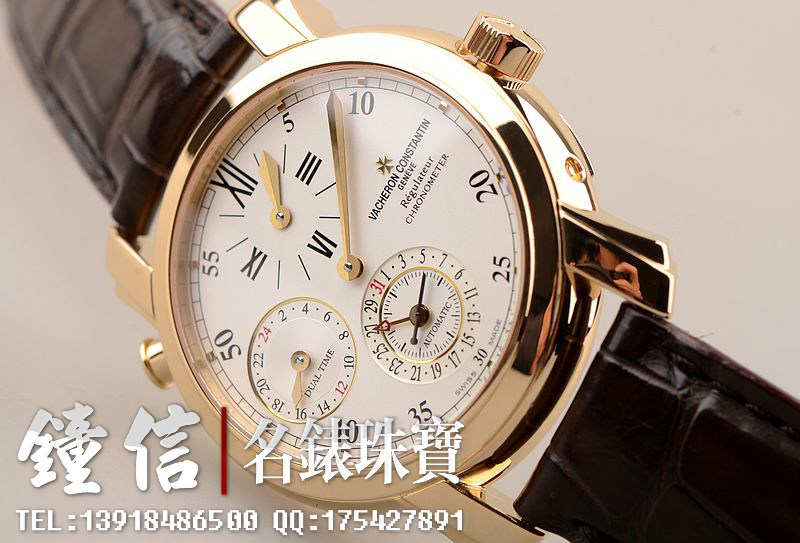 已售出【97新】江诗丹顿黄金马耳他双时区规范指针自动机械皮带男表